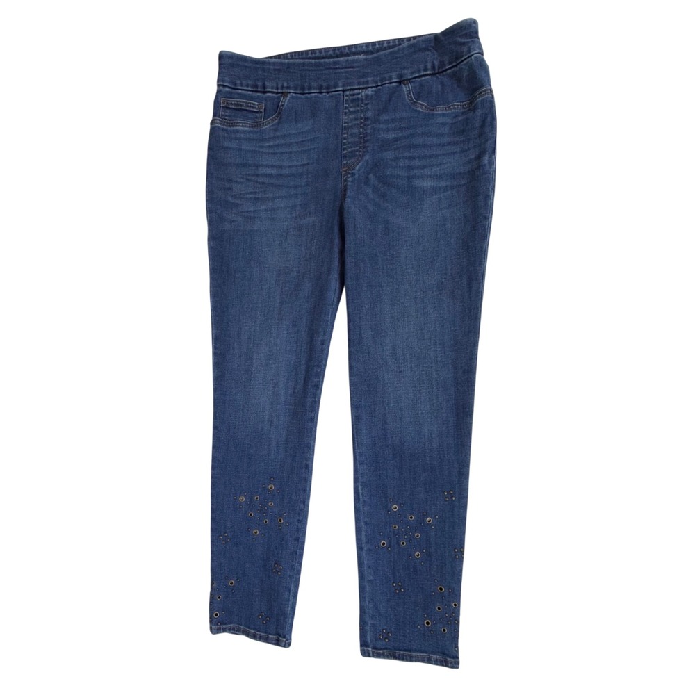 Chicos Jegging Ankle 8R (31x27) High Rise Studded Grommet Hem Pull On Denim Pant